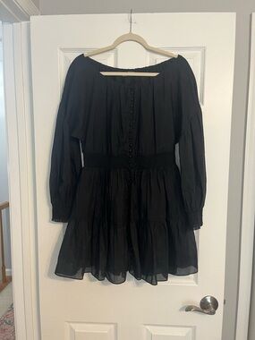 Alice + Olivia Cotton and Silk-Blend Black Elastic Waist Tiered Mini Dress